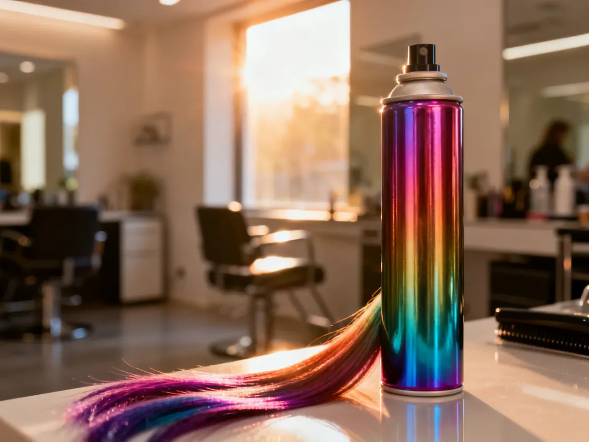 Profesjonalny spray koloryzujący obok pasm włosów z efektem gradientu w nowoczesnym salonie fryzjerskim.