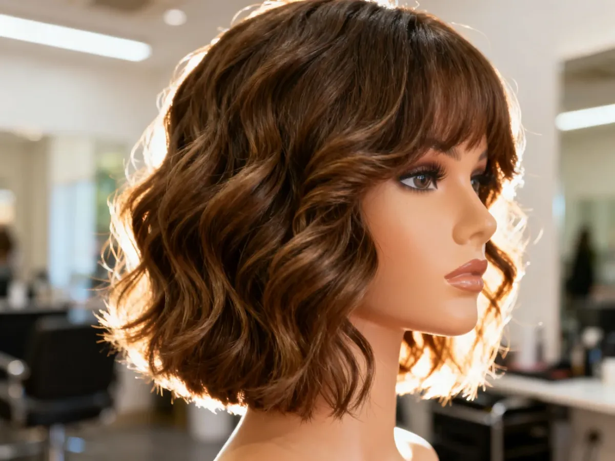 Profesjonalna fryzura typu wavy bob na manekinie z wyraźną teksturą, miękkimi falami i naturalnym blaskiem.
