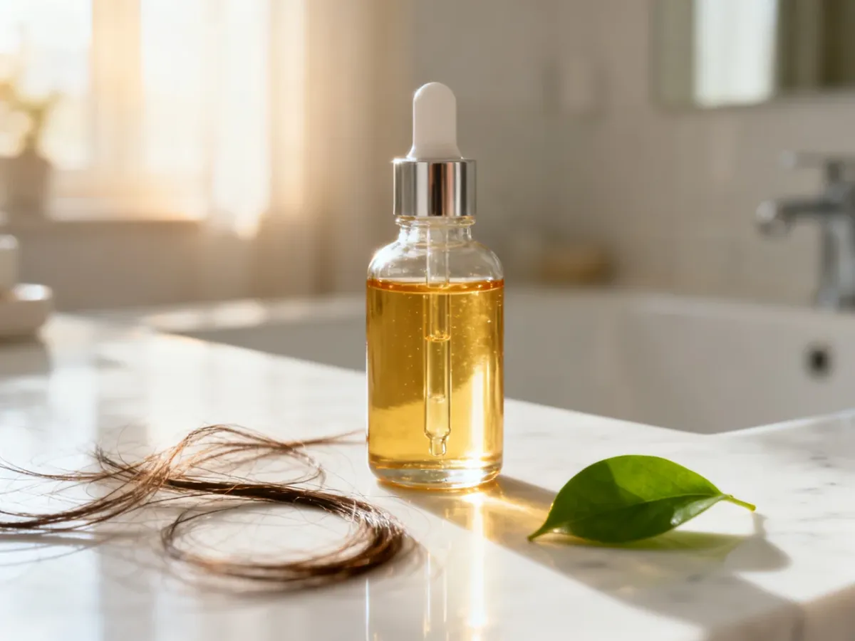 Złote serum do włosów w szklanej butelce z pipetą na marmurowym blacie, obok pasma zdrowych włosów i zielonego liścia.