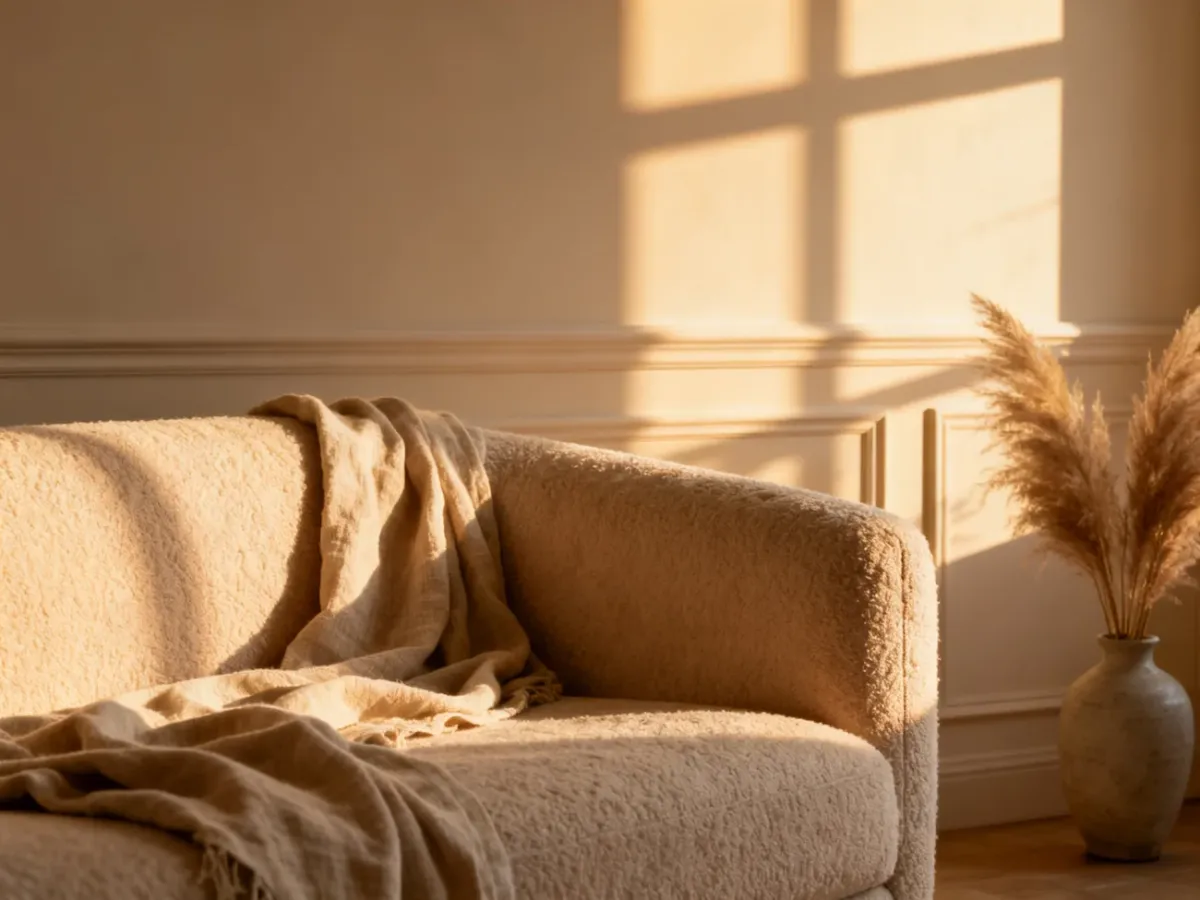 Przytulny kącik wypoczynkowy z sofą w kolorze radiant beige, udekorowany lnianym kocem i wazonem z trawą pampasową.