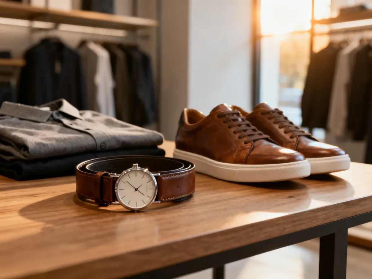 Minimalistyczna kompozycja męskich dodatków: skórzany pasek, zegarek i sneakersy na drewnianym stole.