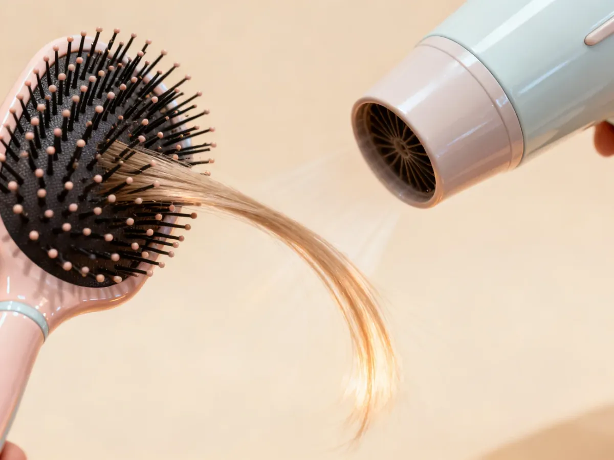 Ceramic round brush gently styling delicate hair with a blow dryer