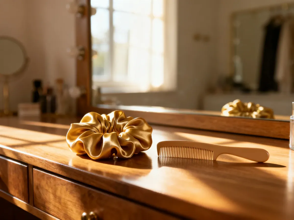 Akcesoria do stylizacji włosów, takie jak gumka typu scrunchie i grzebień, ułożone na minimalistycznej toaletce.