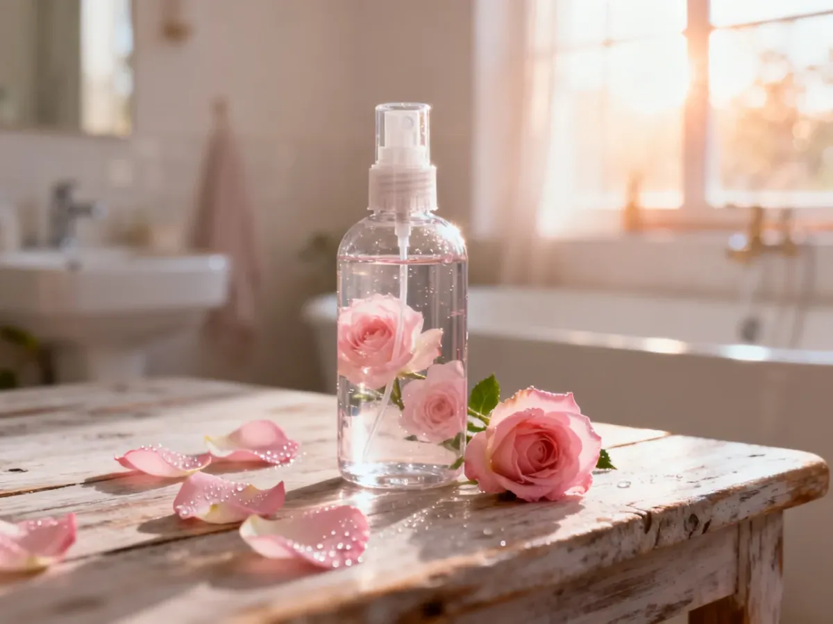 Szklana butelka z wodą różaną i płatkami róż na drewnianym stole, tworzące atmosferę domowego spa.
