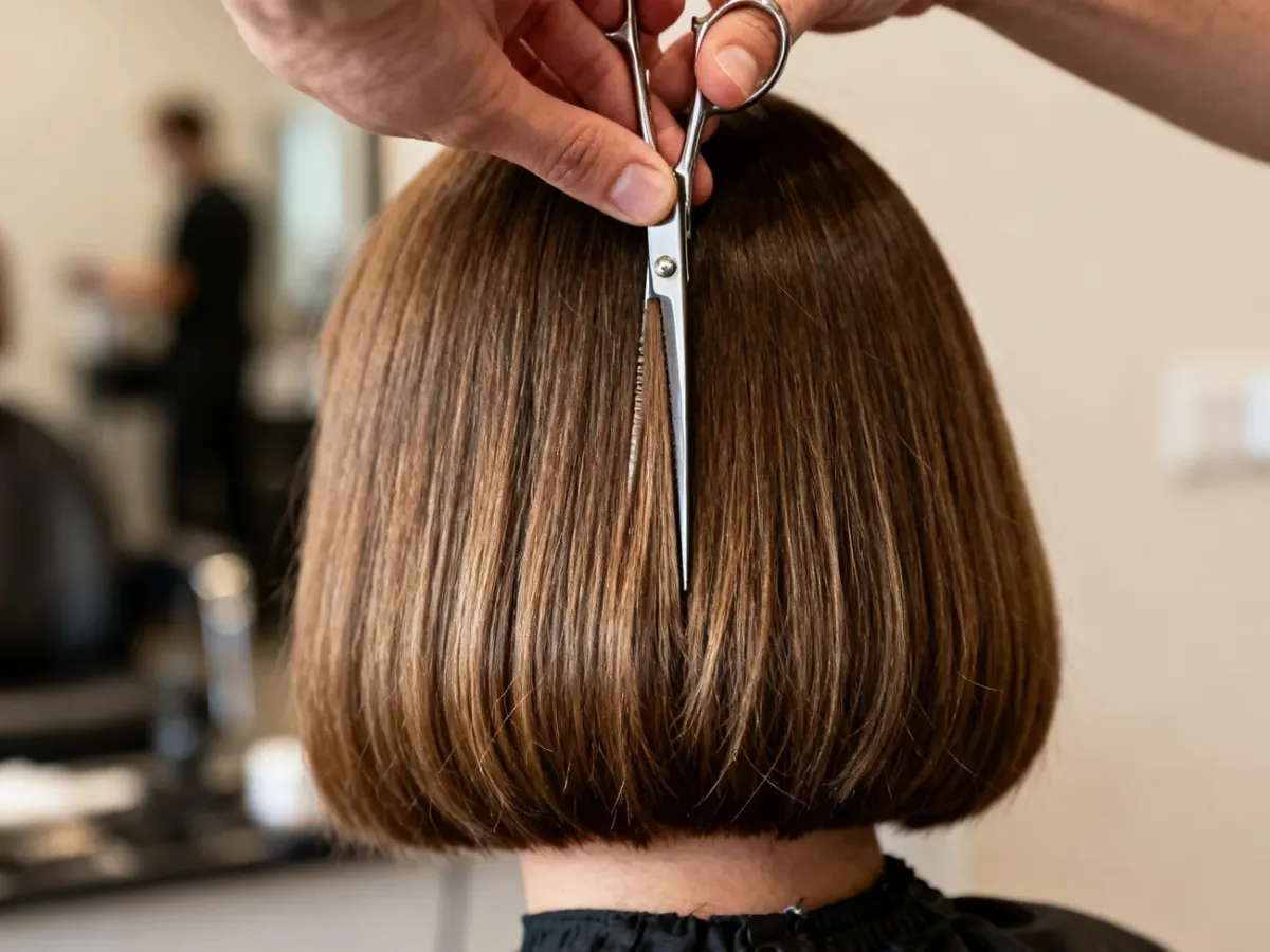 Fryzjer wykonujący point cutting na końcach fryzury typu bob