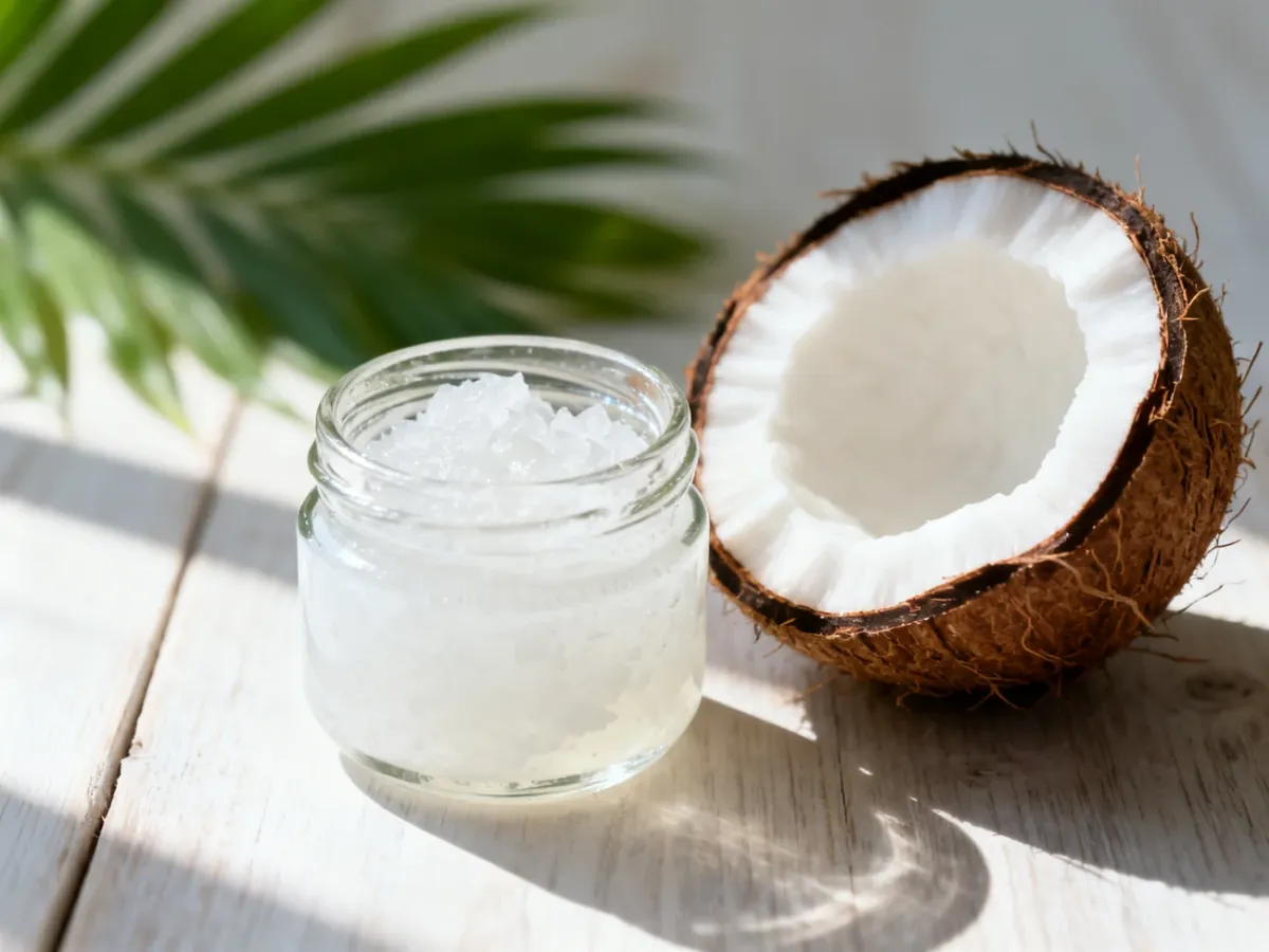 Słoik z organicznym olejem kokosowym obok świeżego kokosa na drewnianym blacie, podkreślający naturalną pielęgnację włosów.