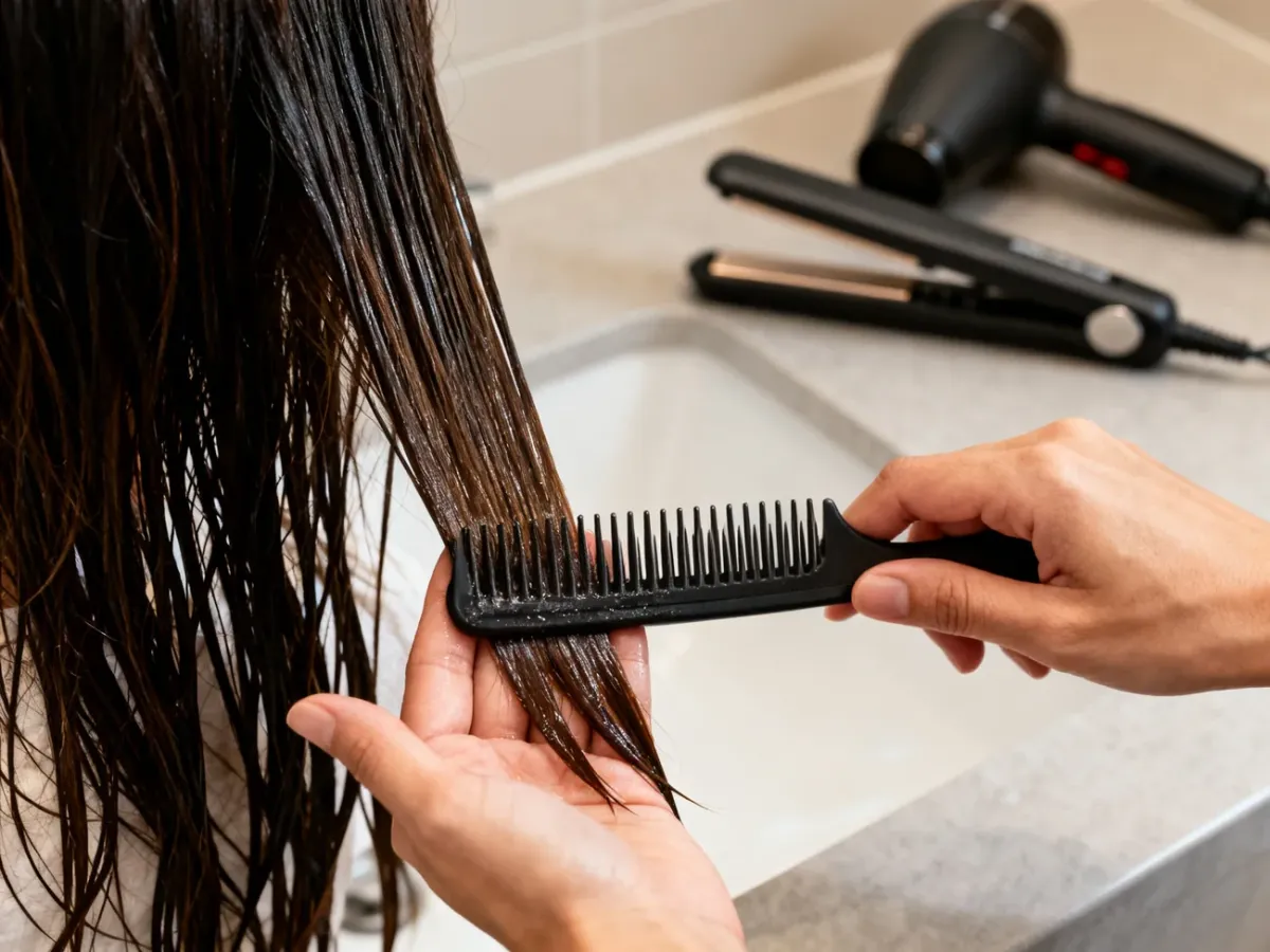 Distributing heat protectant evenly through hair before styling
