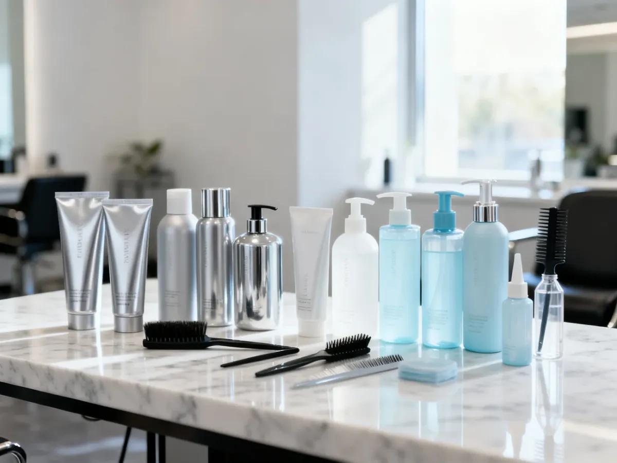 Profesjonalne produkty do koloryzacji i pielęgnacji włosów ustawione na marmurowym blacie w nowoczesnym salonie fryzjerskim.