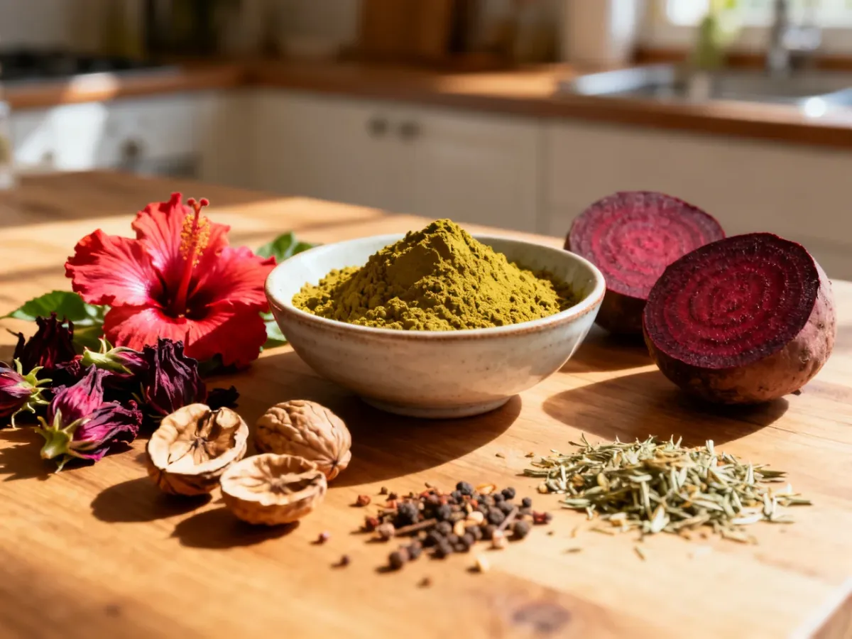 Składniki do naturalnego farbowania włosów na rudo, takie jak henna, hibiskus, burak i łupiny orzecha na drewnianym stole.