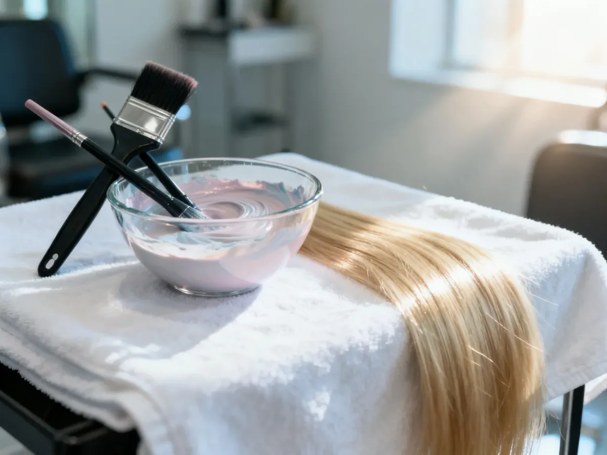 Profesjonalne akcesoria fryzjerskie oraz miseczka z farbą obok pasma lśniących blond włosów podczas zabiegu tonowania.