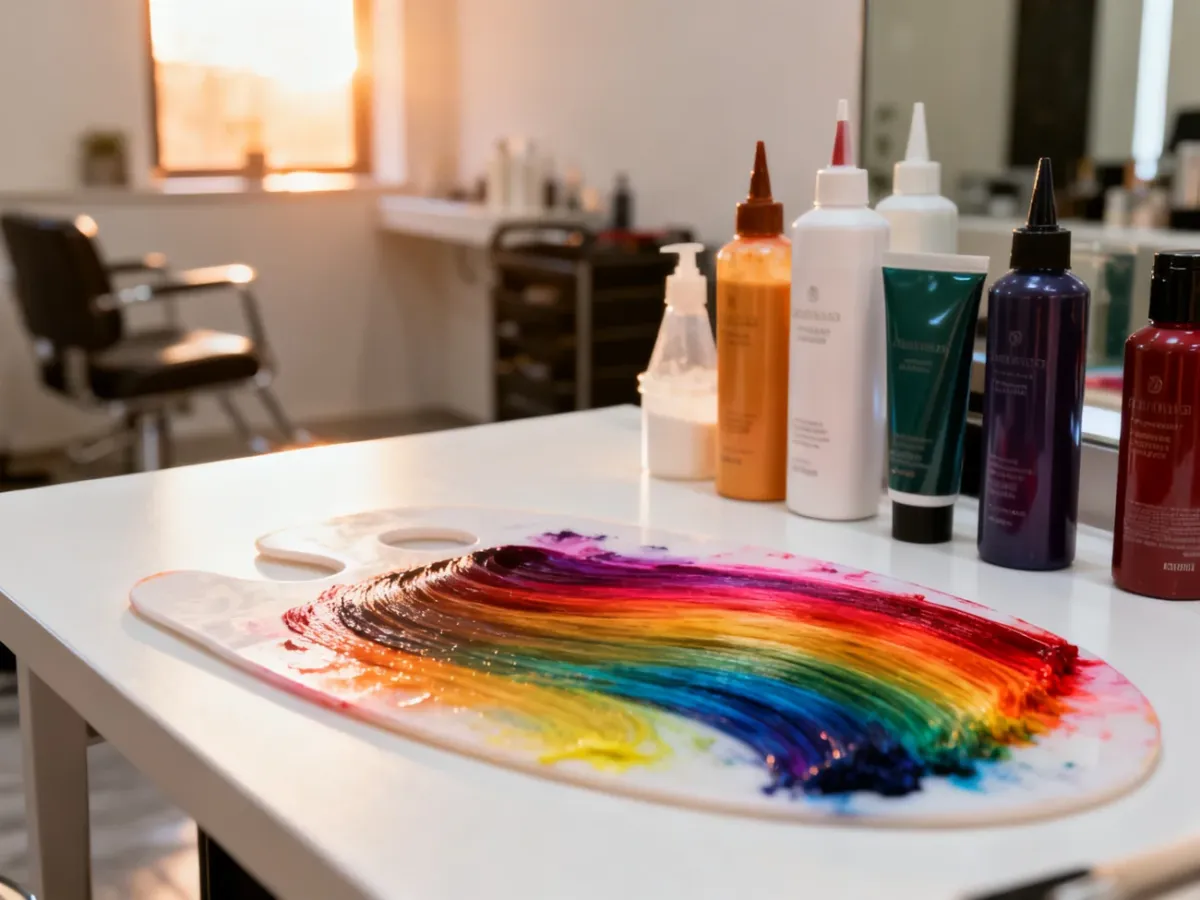 Profesjonalne produkty do koloryzacji włosów i paleta z farbą na stole w salonie fryzjerskim.