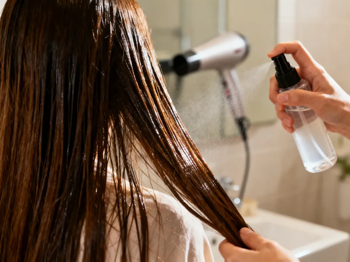 A person applying heat protectant spray to damp hair before drying