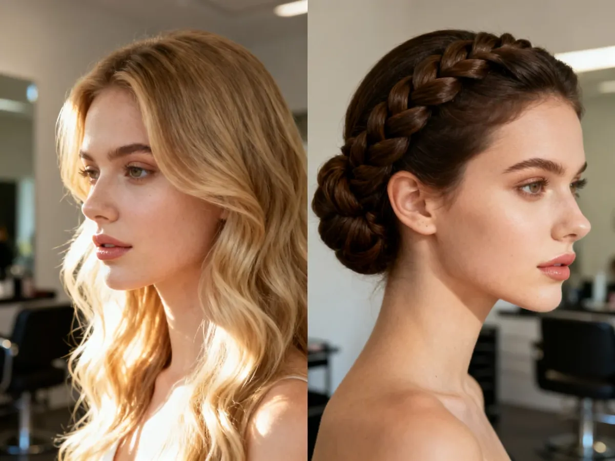 Porównanie dwóch stylizacji: naturalnie rozpuszczonych falowanych włosów oraz eleganckiego upięcia z warkoczem.