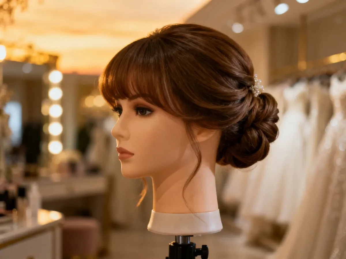 Eleganckie upięcie ślubne z delikatną grzywką prezentowane na manekinie w luksusowym salonie fryzjerskim.
