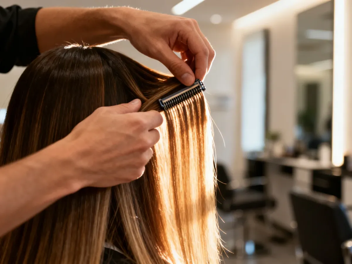 Stylista łączy pasma clip-in z naturalnymi włosami, pokazując idealne przejście między nimi.