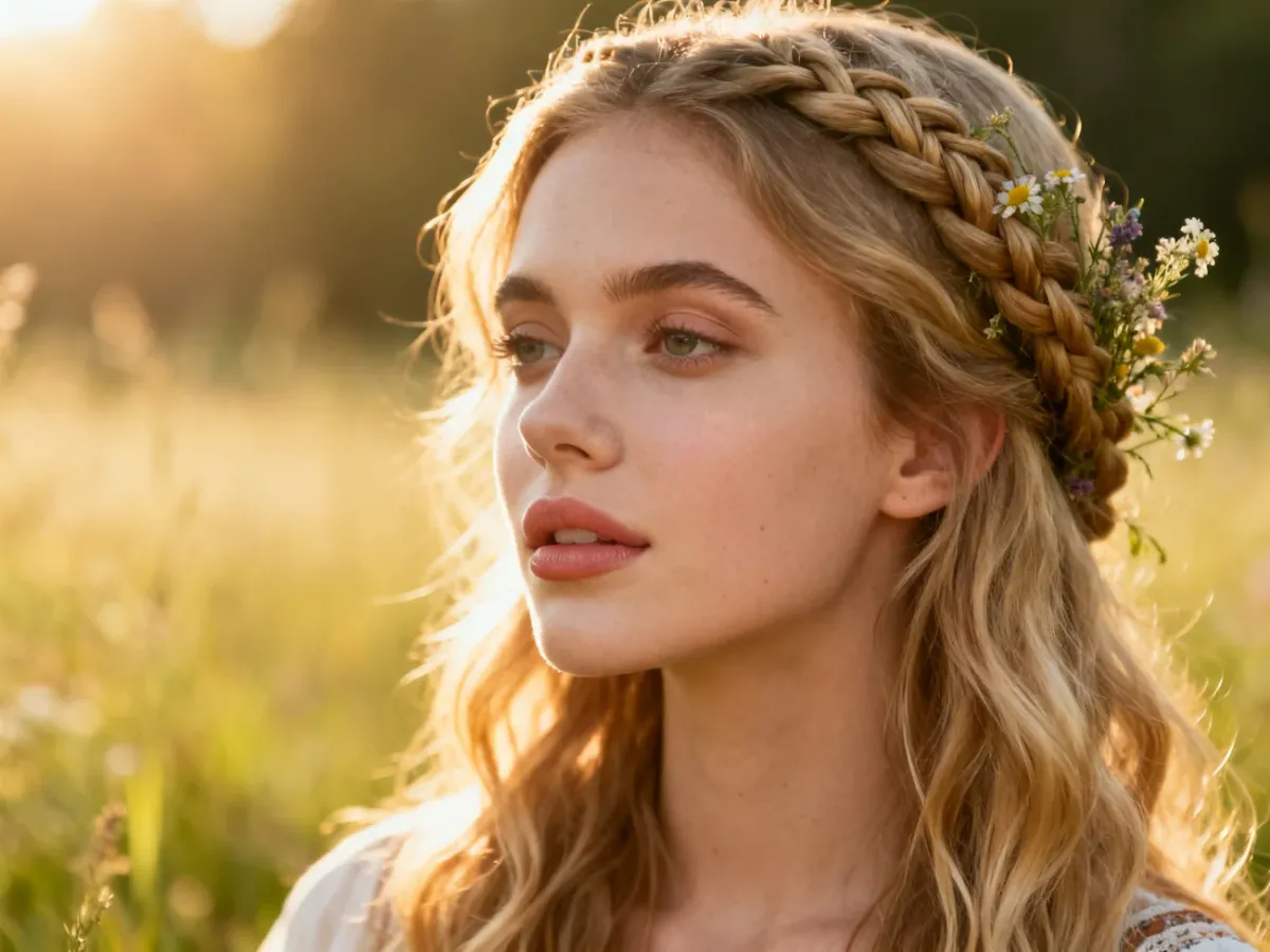 Blondynka z warkoczem ozdobionym polnymi kwiatami na tle słonecznej łąki, prezentująca fryzurę w stylu boho.