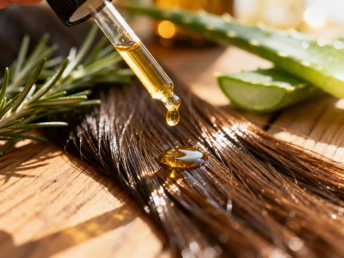 Kropla naturalnego olejku nakładana na lśniące włosy w otoczeniu składników roślinnych, takich jak rozmaryn i aloes.