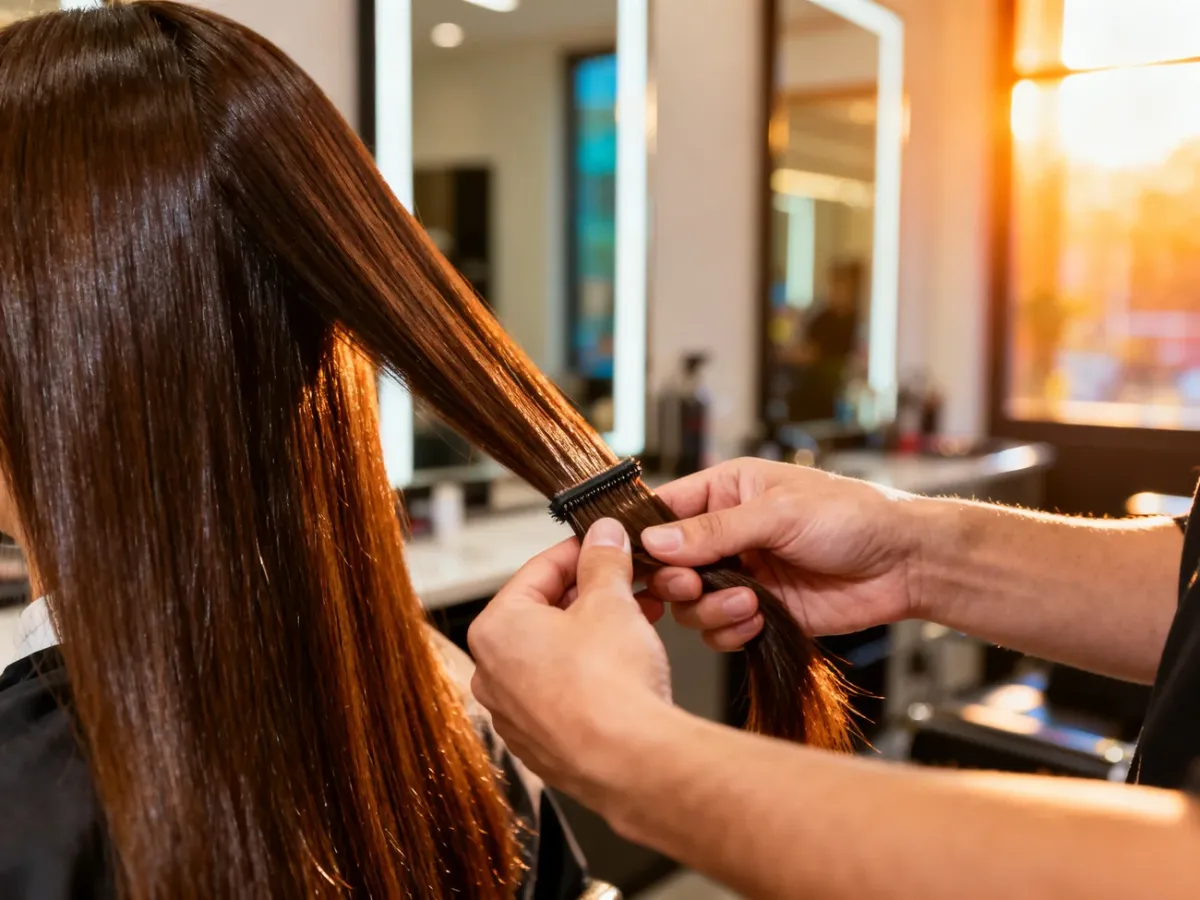 Stylista precyzyjnie doczepia lśniące pasma włosów do naturalnych włosów klientki w profesjonalnym salonie fryzjerskim.