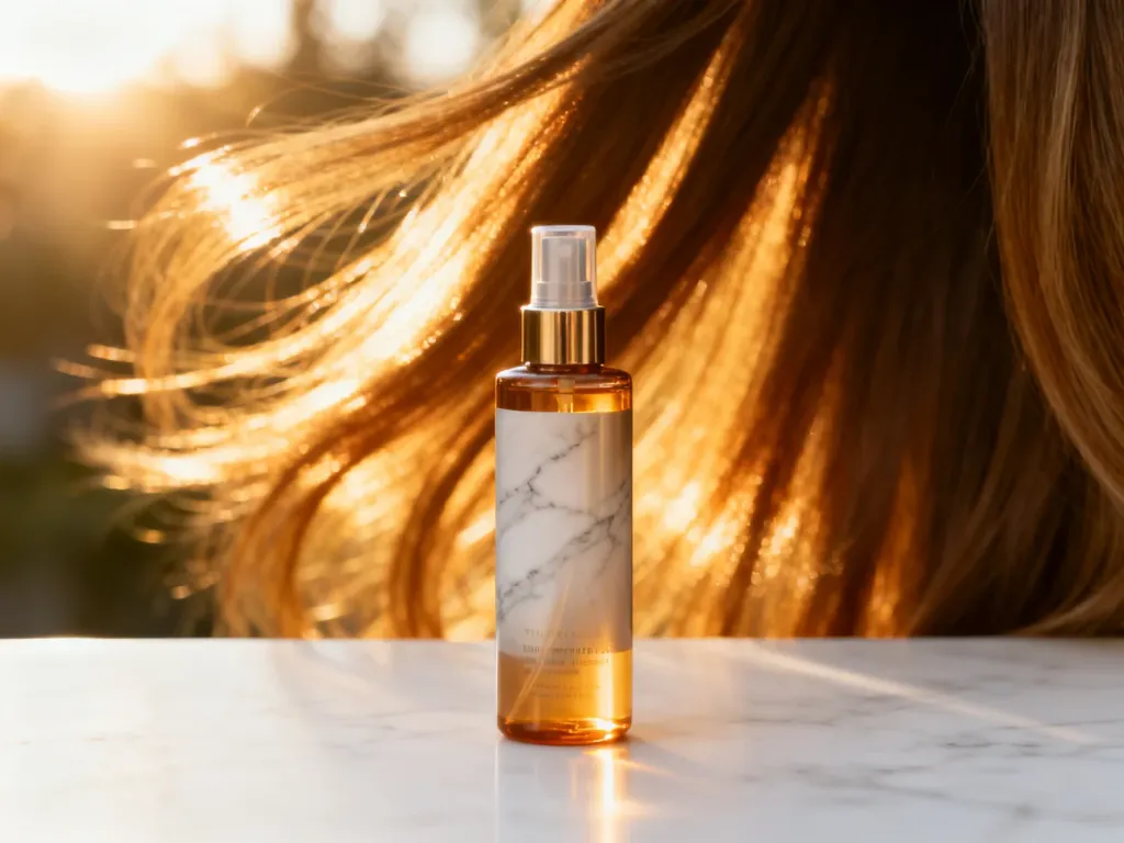 Elegancka butelka serum termoochronnego na marmurowym blacie, symbolizująca profesjonalną pielęgnację i ochronę włosów.