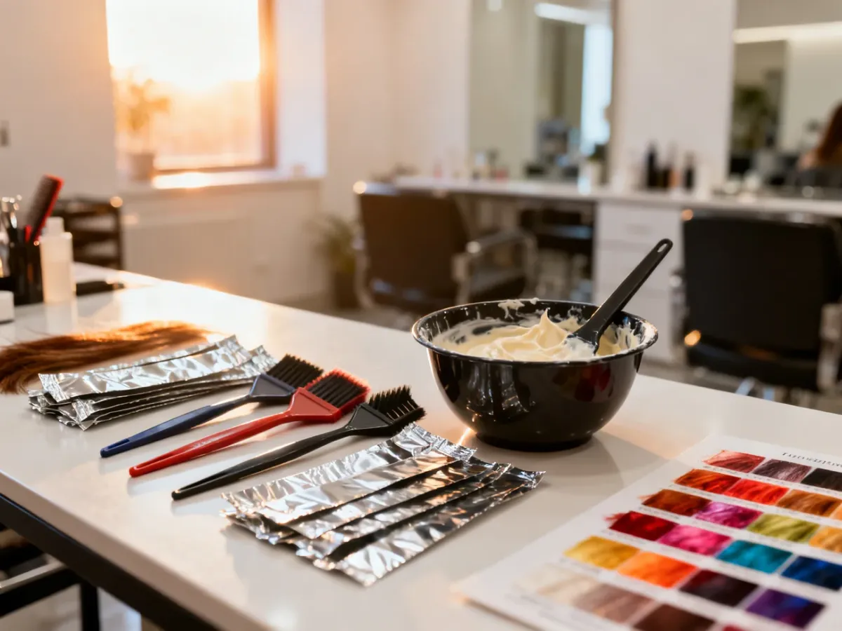 Profesjonalne akcesoria fryzjerskie, pędzle i folie aluminiowe przygotowane do wykonania pasemek w nowoczesnym salonie.