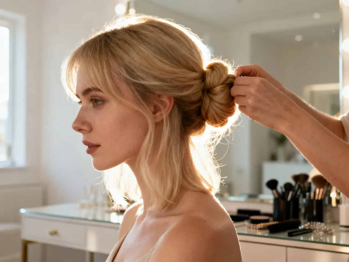 Kobieta w jasnym wnętrzu wykonuje elegancki kok z blond włosów, prezentując technikę upięcia krok po kroku.