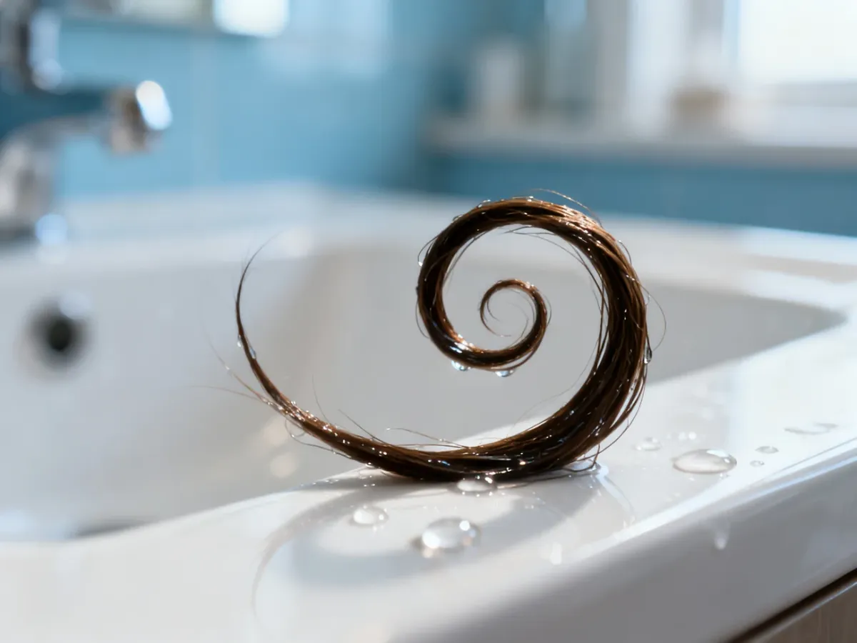 Pojedyncze, mokre pasmo włosów zwinięte w naturalną spiralę na białej powierzchni, ilustrujące potencjał skrętu włosów.