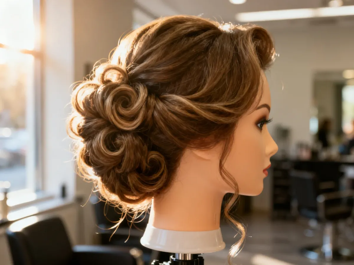 Eleganckie upięcie koktajlowe z delikatnymi lokami i objętością, zaprezentowane na profesjonalnym manekinie fryzjerskim.